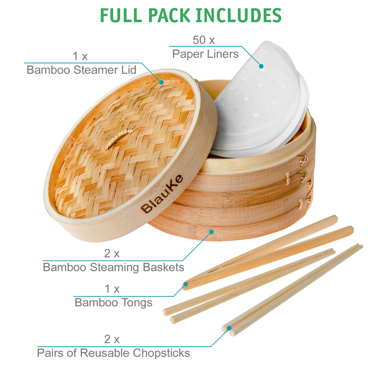 2-Tier Bamboo Steamer for Cooking Dumplings, Vegetables, Meat, Fish