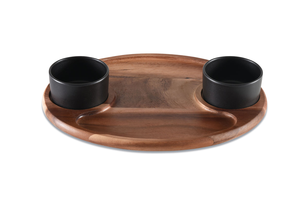 Charcuterie/ Serving Tray w/ 2 black ceramic bowls w/ lids  12" x 15"