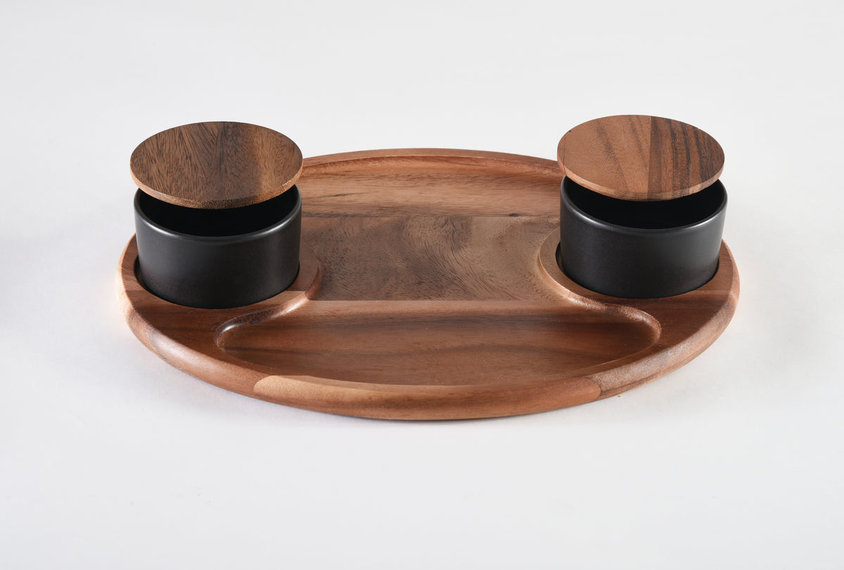 Charcuterie/ Serving Tray w/ 2 black ceramic bowls w/ lids  12" x 15"