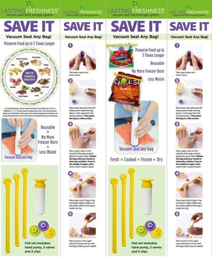 10 pc SAVE IT Vacuum Seal Food Storage Set | Hand Held Vacuum Food System | Deep Freezer Food Storage Sealer - Lasting Freshness